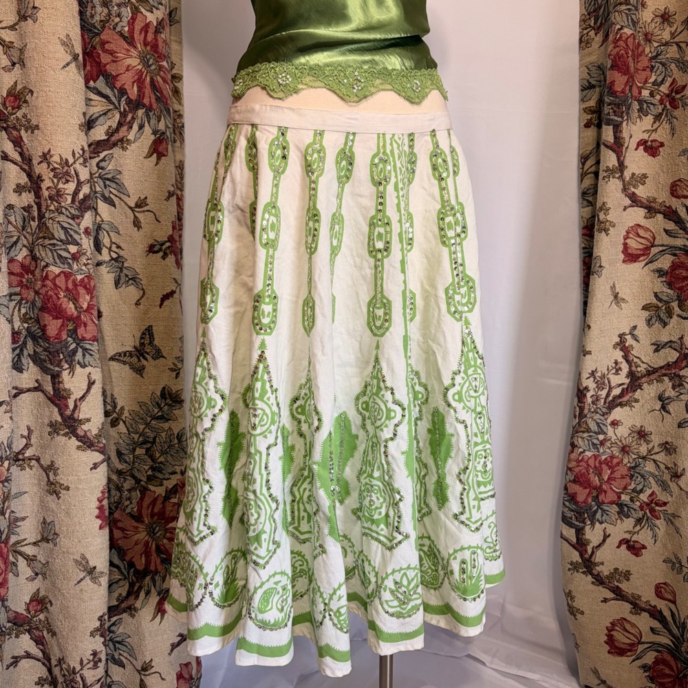 Dimri Gorgeous White Lime Green and white Sequin detail Bohemian midi skirt